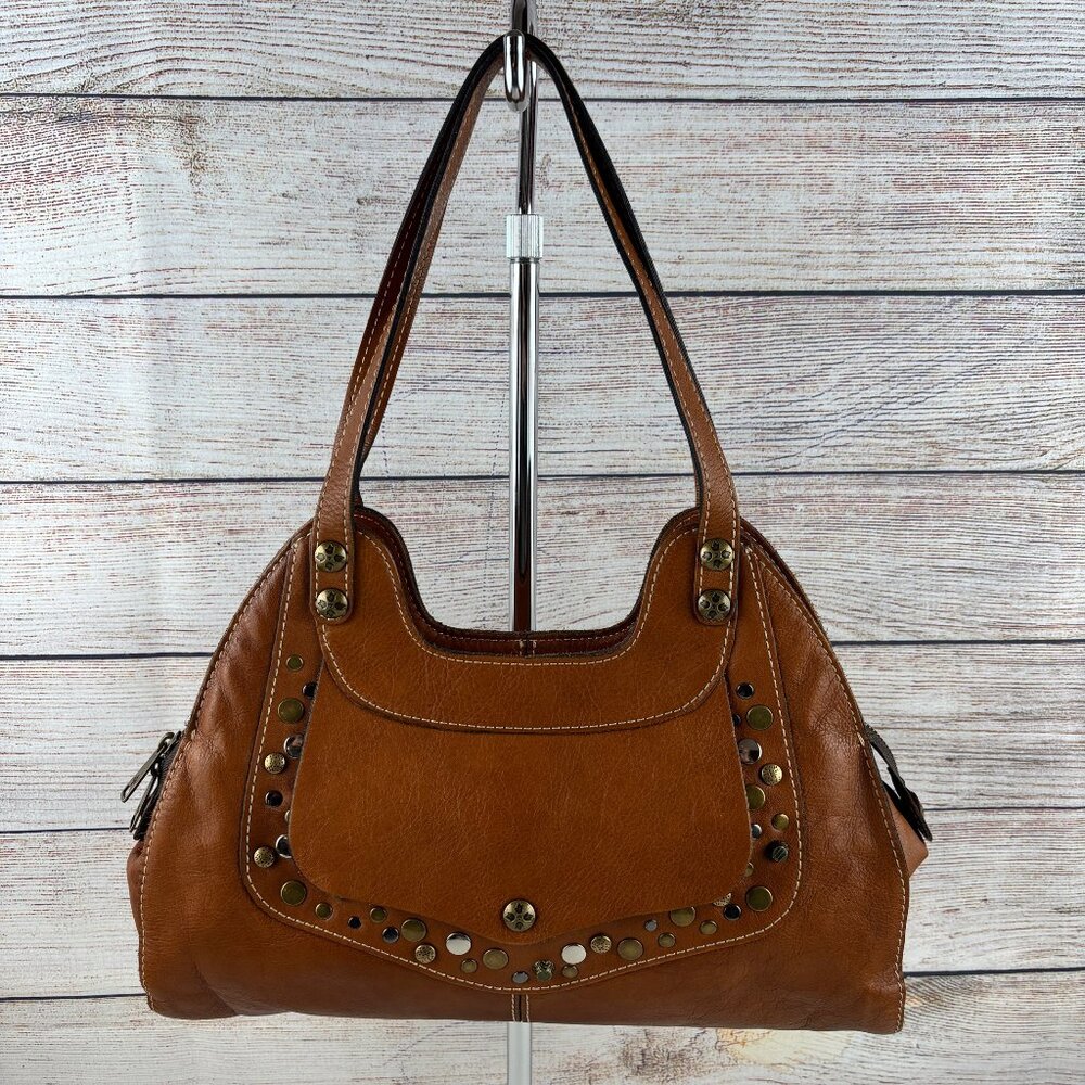 Patricia Nash Ergo Studded Leather Satchel Handbag Brown Cognac